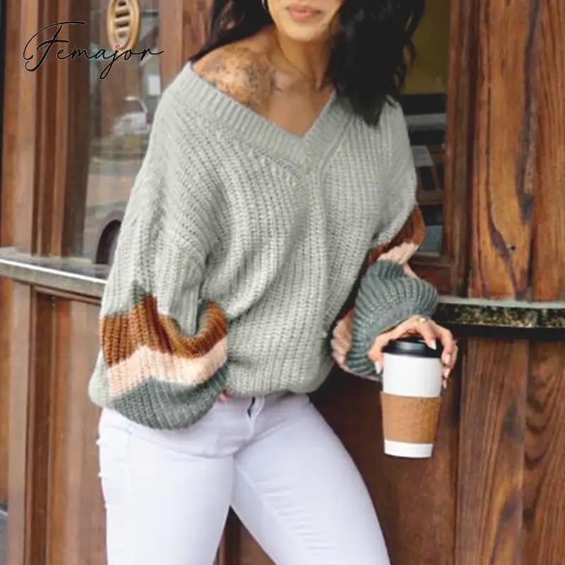 Femajor Women Autumn Winter Sweater Casual V Neck Knitted Pullover Female Gray Block Long Sleeve Tops Mujer Loose Jumper | Женская