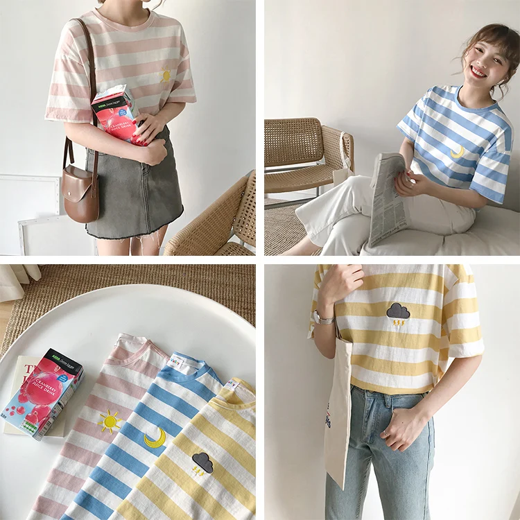 Женские футболки в японском стиле Харадзюку Женская винтажная полосатая