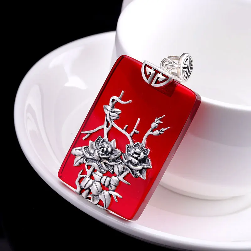 Женское колье из серебра 925 пробы с крупным Рубином|Подвески| |