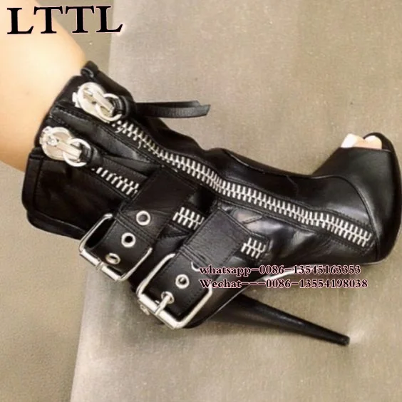 Для женщин кожаные ботильоны с открытым носком летние открытые черные сапоги