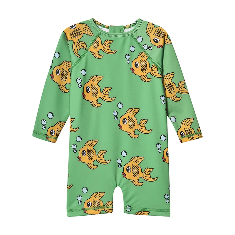 green fish Детские купальники, г. бренд Hugo, Цельный купальник с рисунком для девочек, летние детские костюмы в полоску для праздников - Цвет: green fish