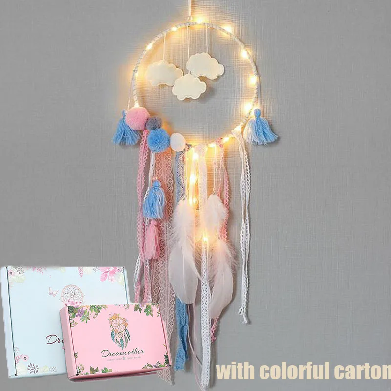 light style carton Ловец снов с облаком и помпоном и строку света Home Decor большой кружева Dream Catcher Kinderkamer Decoratie Детская комната украшения - Цвет: light style carton