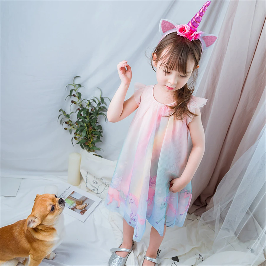 Летнее платье для девочек с единорогом элегантное принцессы без рукавов