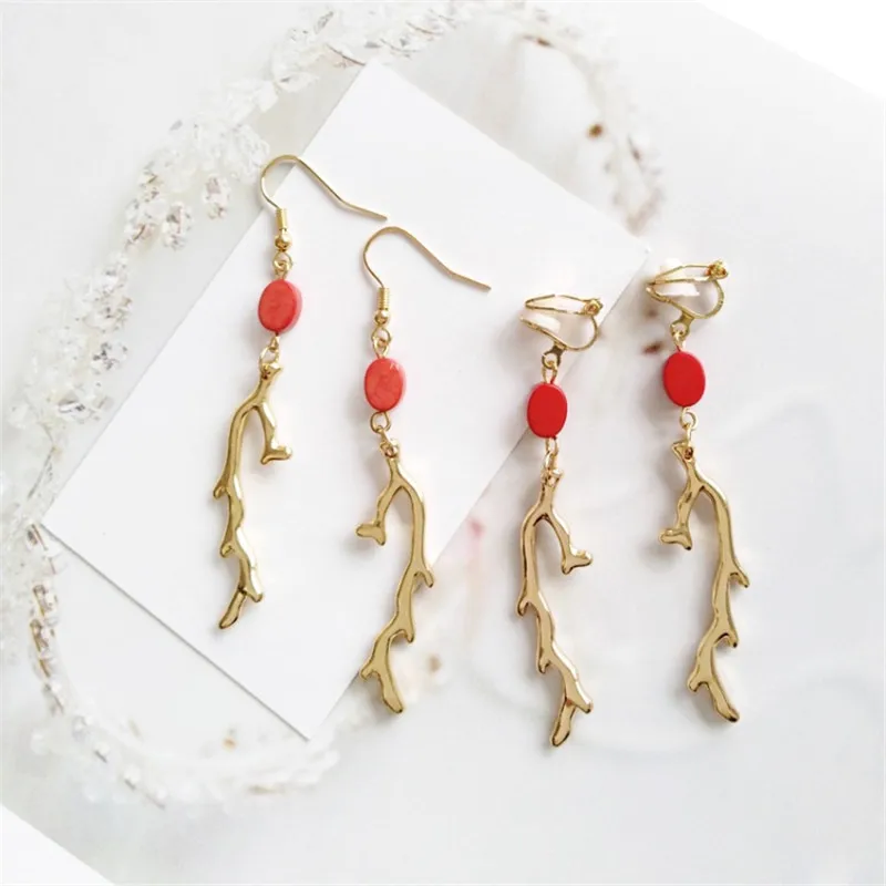 

Wholesale Red Beads With Gold Metal Earrings For Women Jewelry
