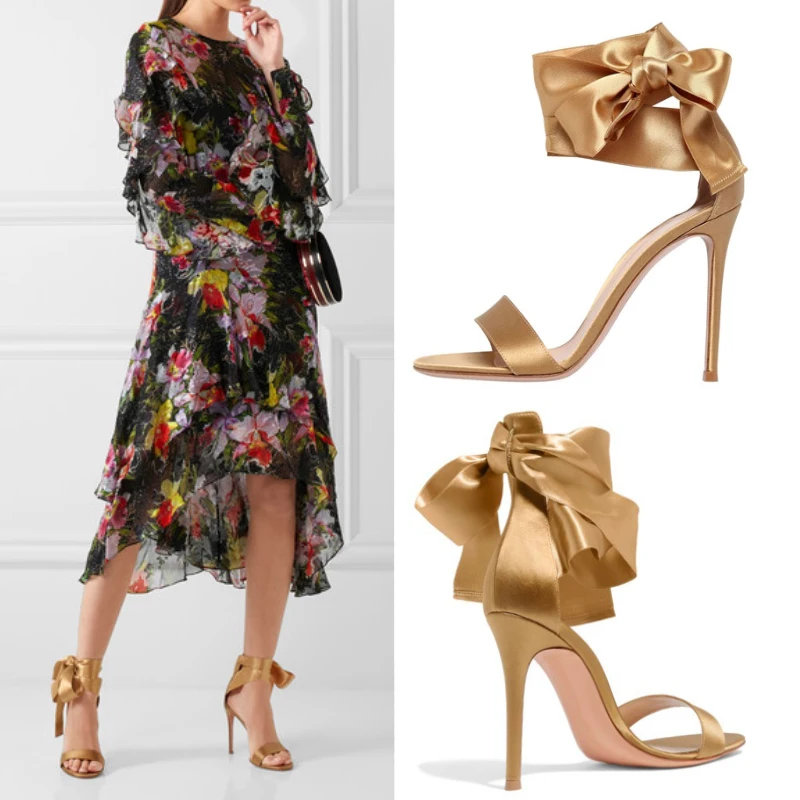 

Golden silk shoes Summer Woman sandals ankle lace up design Sexy Pumps elegant bowknot decor thin heel female party dress shoes