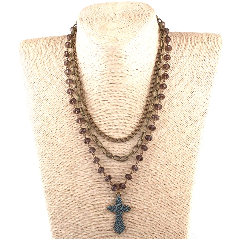 Модные украшения в стиле бохо 3 слоя стеклянный Хрустальный Розарий и кулон виде