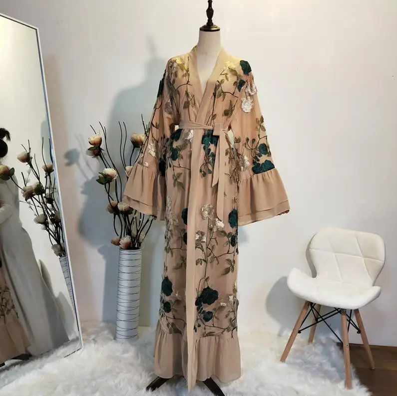 Khaki cardigan Рамадан кимоно абайя халат Femme Дубай кардиган мусульманское платье женские кафтаны кафтан Marocain Qatar Elbise турецкая исламская одежда - Цвет: Khaki cardigan