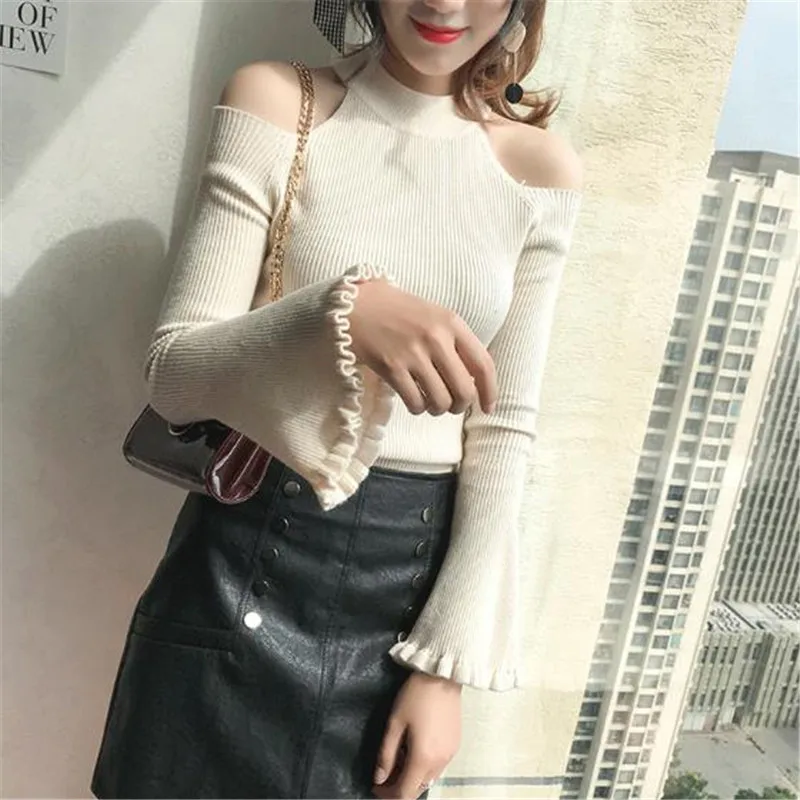 

new Autumn winter sweater women sexy strapless sweater solid color Flare Sleeve knitting tops female Slim thin student sweater