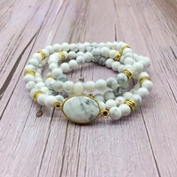 fashion woman bangle stone beads bracelet elastic mala necklace howlite stone gold color 6 mm bead for her gift