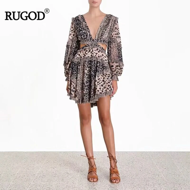 Женское леопардовое платье RUGOD с V-образным вырезом и пышными рукавами элегантное