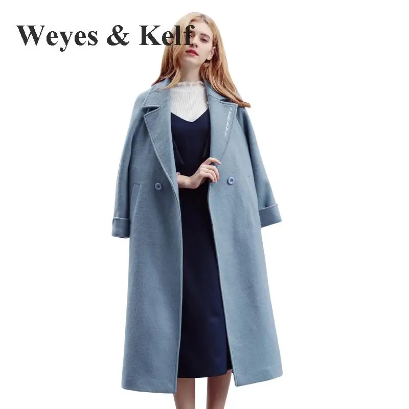 Weyes и кепф X длинные синие теплые толстые шерстяные Вышивка зима Тренчи для женщин