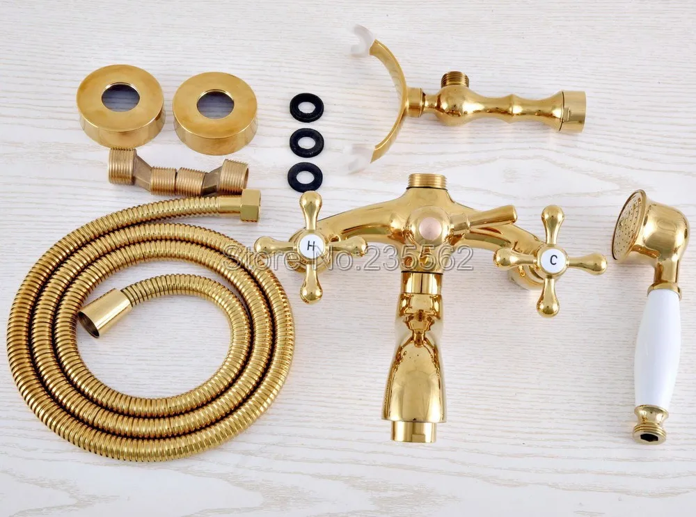 Luxury Gold Color Brass Bath Shower Faucet Set Dual Handle Wall Mounted Clawfoot Tub Mixer Tap lna801 | Обустройство дома