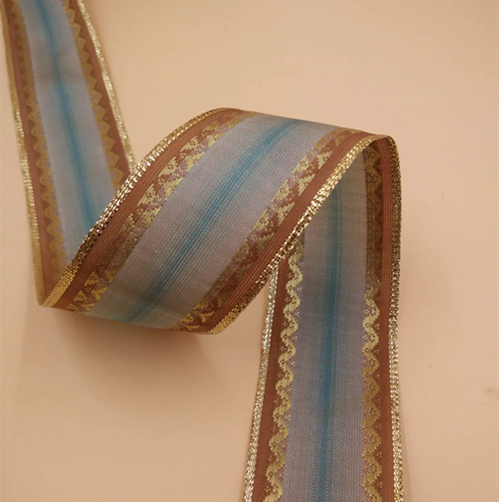 

N2229 1.5 Inch Jacquard weave satin edge metallic ribbon for gift box wrapping wired edges 25yards roll