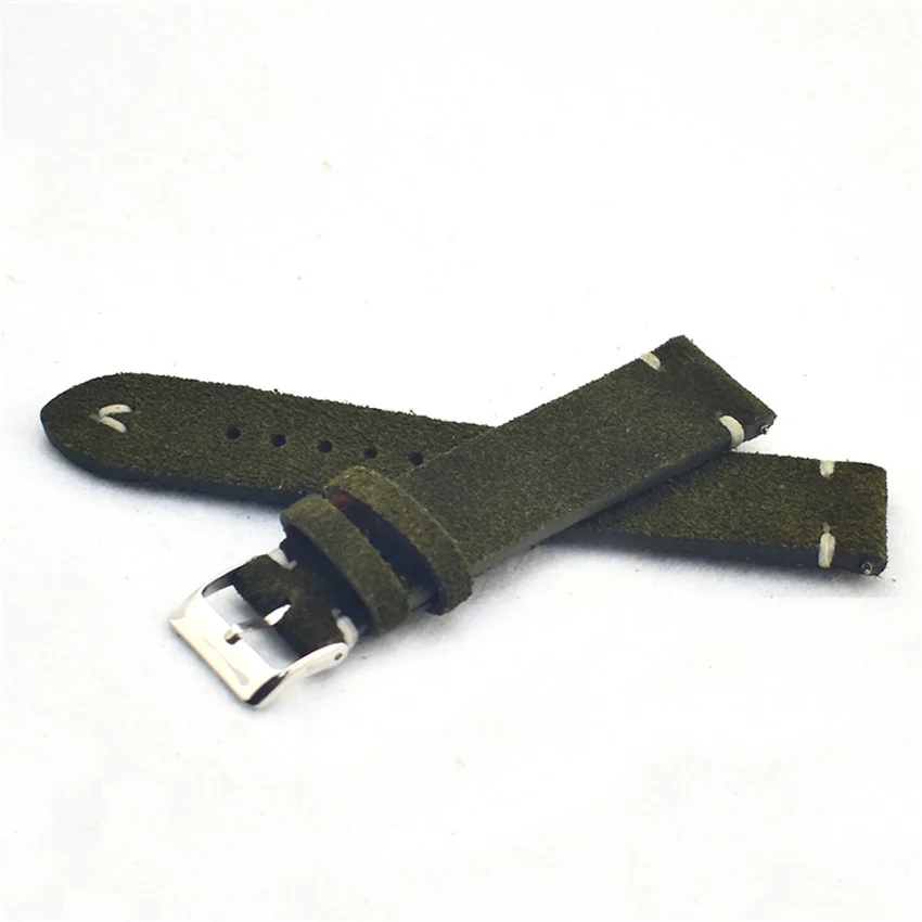 Onthelevel Genuine Leather Watch Band 18 20 22mm Dark Green with white black stitching Suede Leather Watch straps Quick release