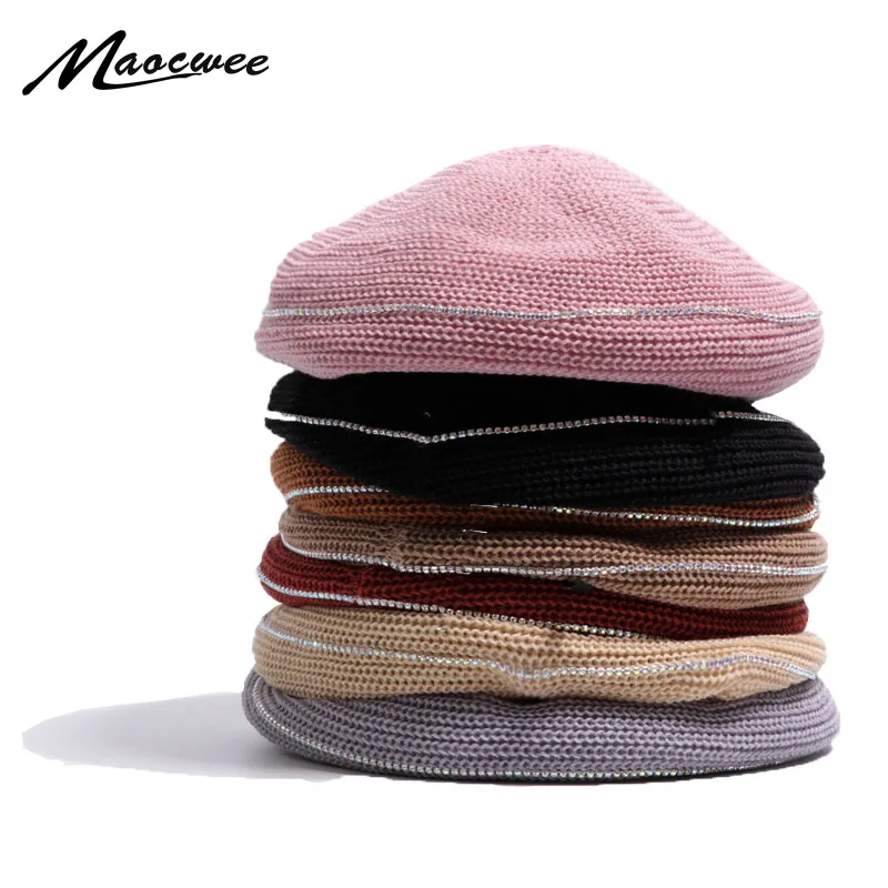 

New fashion with diamonds decorative solid color beret retro art painter hat spring and summer breathable adjustable beret