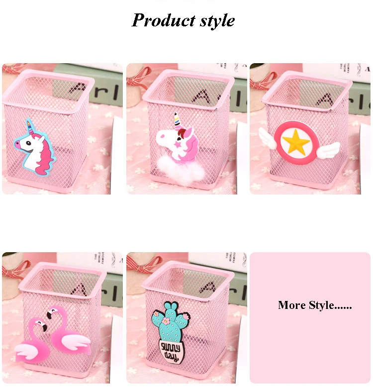Pink Unicorn Cactus Flamingo Square Desktop Pen Holder Office School Metal Makeup Brush Storage Case Desk Pen Pencil Organizer