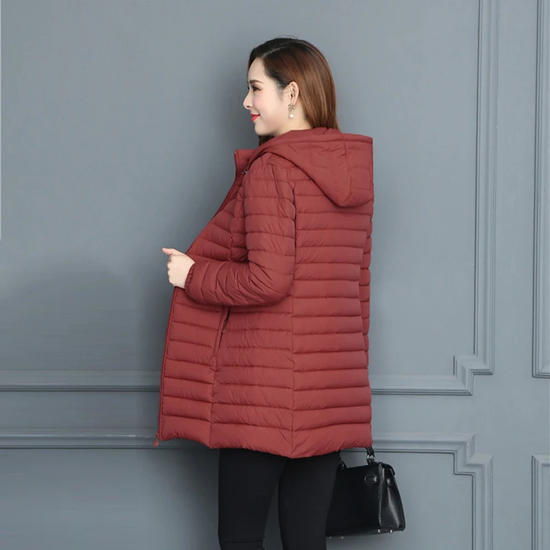 Модная женская куртка средней длины размера плюс 6XL, Ультралегкая зимняя куртка с капюшоном и хлопковой подкладкой, Женская куртка Casaco Feminina Inverno