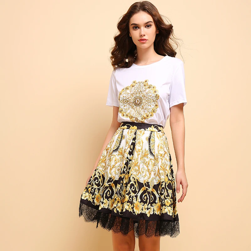 LD LINDA DELLA Fashion Spring Summer Suits Women's Elegant Short Sleeve Beading T-shirt+Vintage Floral Printed Skirt 2Pieces Set