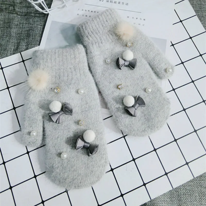 

women wool winter knit gray Gloves Mittens