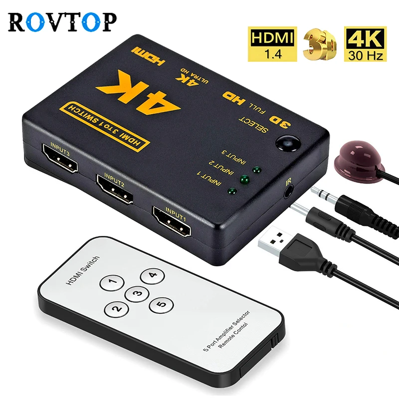 Rovtop мини совместимому с HDMI переключатель 4K HD1080P 3 5 Порты и разъёмы разветвитель
