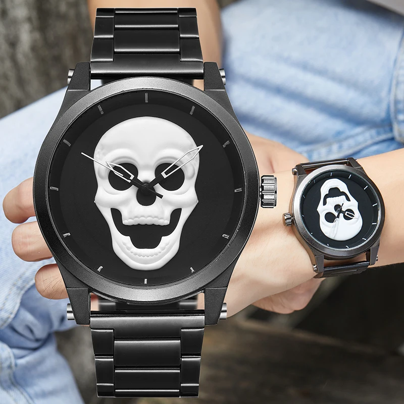 Роскошные мужские часы с черепом, стимпанк reloj hombre, лазерная гравировка, нержавеющая сталь, кварцевые мужские наручные часы, мужские часы