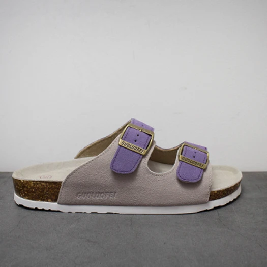 beige purple Дизайнерская обувь на плоской подошве из пробковой кожи; коллекция года; модная пляжная обувь размера плюс; шлепанцы без задника; мужские сандалии; сезон лето; большие размеры 46; дышащие слипоны - Цвет: beige purple
