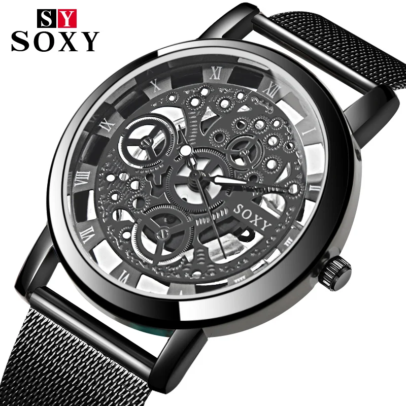 

Hot Sale SOXY Skeleton Watch Men Watch Fashion Top Brand Luxury Men's Watch Steel Mesh Mens Clock erkek kol saati reloj hombre