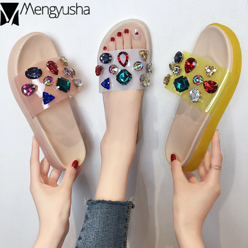 Прозрачная обувь со стразами женские летние тапочки на толстой подошве пляжные