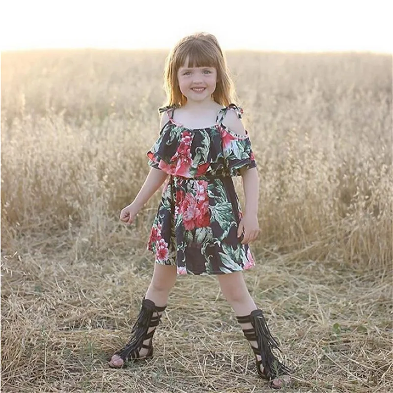Платье с открытыми плечами для маленьких девочек летнее платье широким цветком