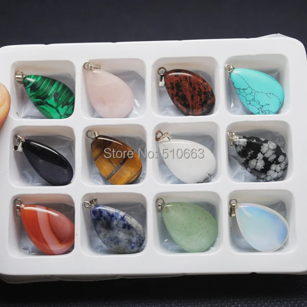 

Box Stone Sets,12 Pieces /Lot,Nature Stone Pendant,Gem Stone Flat Watershape Pendant,For Necklace Making,Size:16x24mm