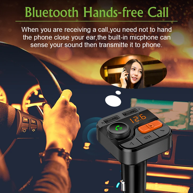 Автомобильное радио fm-передатчик бас Музыка Bluetooth V5.0 2.4A+ 1.0A быстрое зарядное устройство два usb порта TF карта USB флэш-накопитель Воспроизведение MP3 комплект