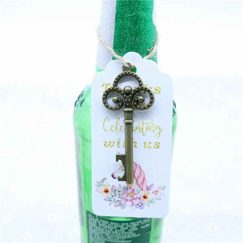 

50 Pcs/Lot Bronze Key Bottle Opener DIY Skeleton Wine Opener with Escort Tag Card Rustic Wedding Party Favor Souvenir Gifts