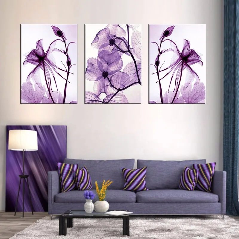 Modular Pictures For Living Room Painting 3 Panel Purple Flower Abstract Photo Wall Decorative Framework HD Poster Canvas | Дом и сад