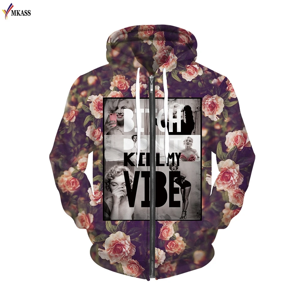 

MKASS Fashion Fleece Hoody Zipper Jacket Men/Women 3d sweatshirt print Monroe / Peony lovely hooded hoodies S-XL