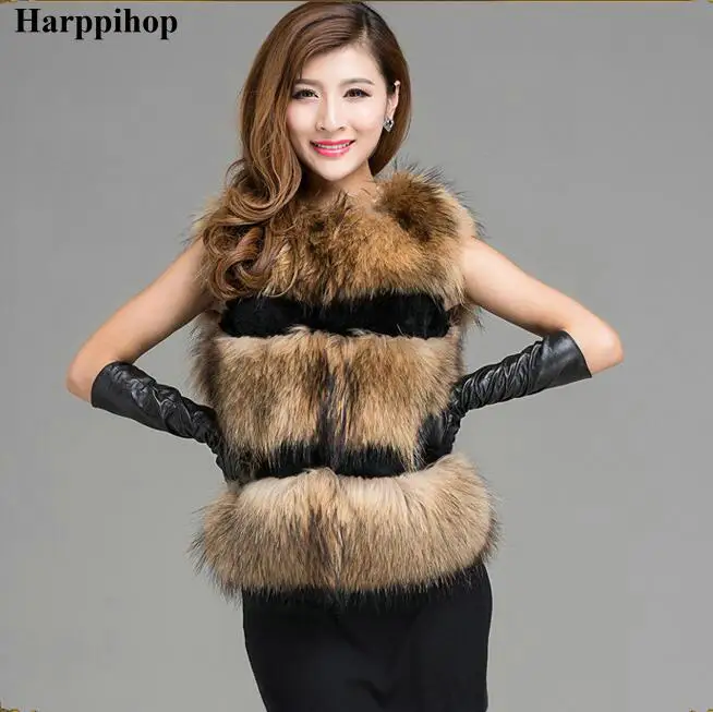 Женский жилет с натуральным мехом енота зимний из натуральной кожи лисьим 2019|vest