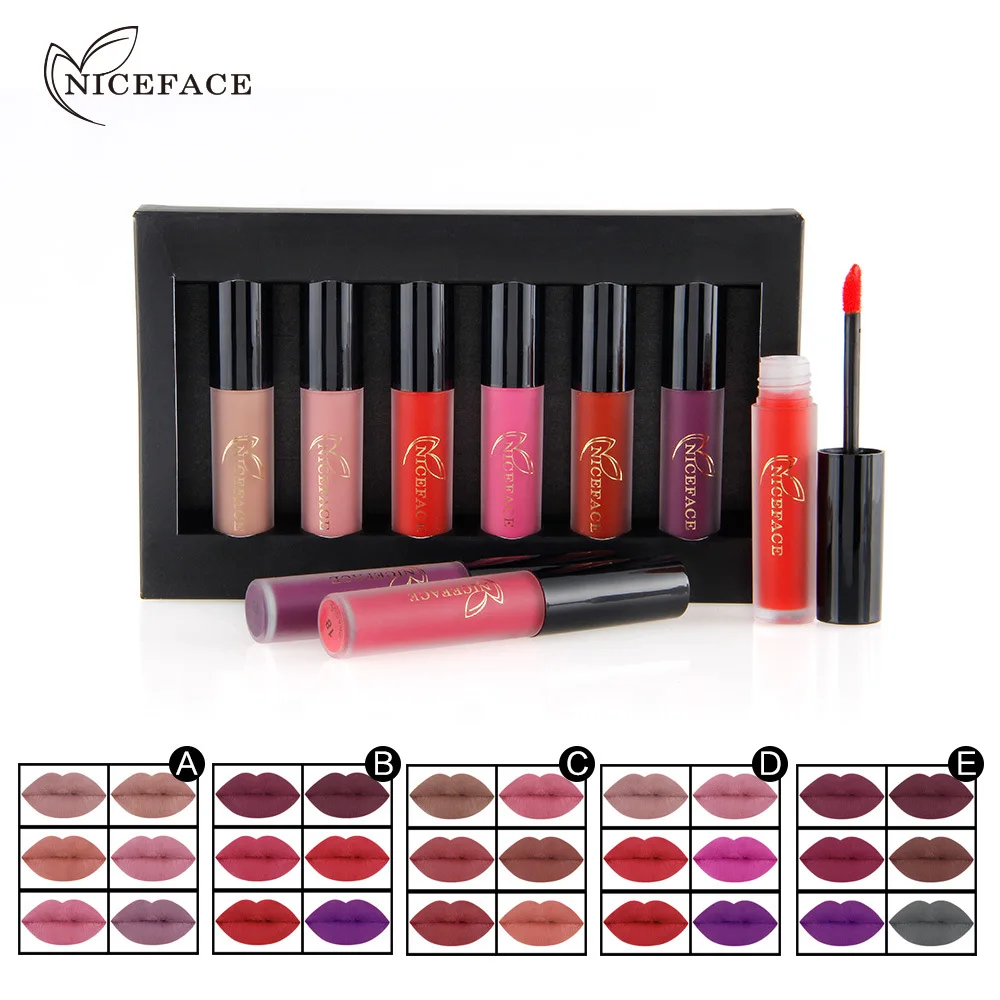 

Матовый блеск для губ NICEFACE 6 шт./компл., жидкая матовая губная помада, влагостойкий стойкий блеск для губ, набор женской косметики