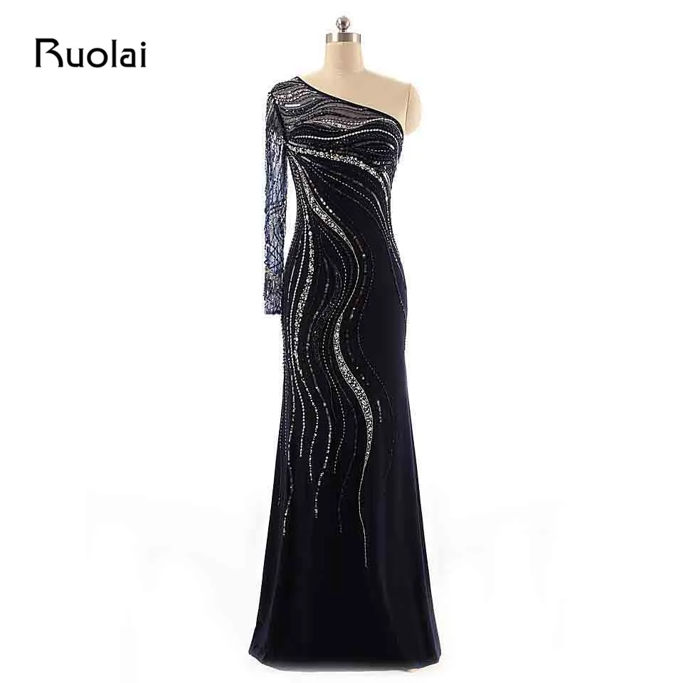 Платье на одно плечо с длинным рукавом роскошная вышитая бисером