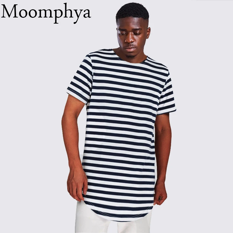 

Moomphya Men striped curve hem t shirt extended longline hipster t-shirt fashion street wear strip hip hop t shirt men