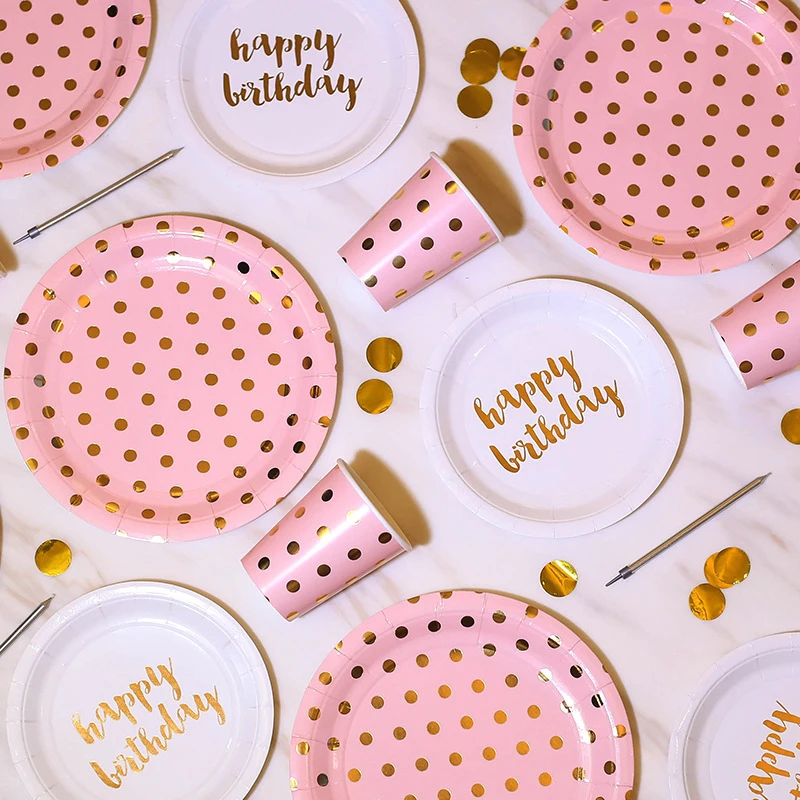 

40 шт./компл. Золотой одноразовый набор посуды из розовой фольги в горошек, набор посуды, бумажные стаканы, тарелки с днем рождения, Свадебные ...