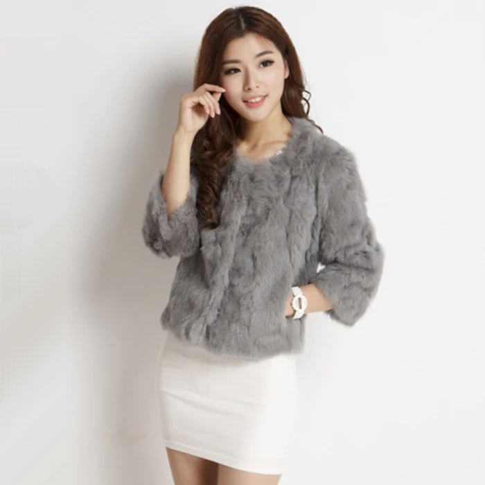 

New fashion autumn and winter women's genuine rabbit fur coats women three quarter sleeve slim coat outerwear free shipping