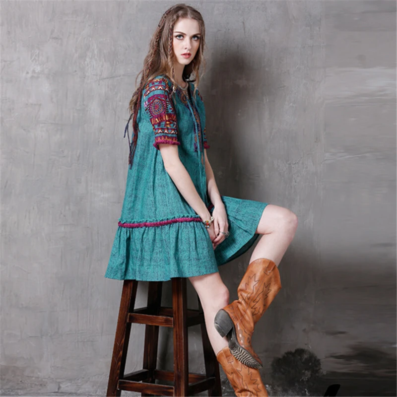 Женское платье с вышивкой удобное хлопково-льняное мини-платье в европейском