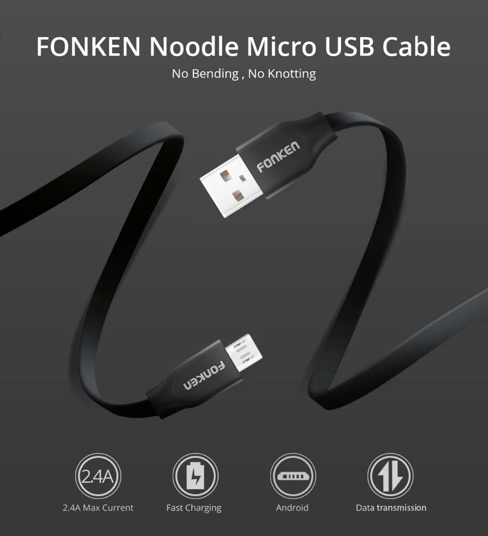 FONKEN 2.4A Micro usb зарядный кабель Лапша USB кабель провод для быстрой зарядки для банка питания Портативный красочный кабель для мобильного телефона