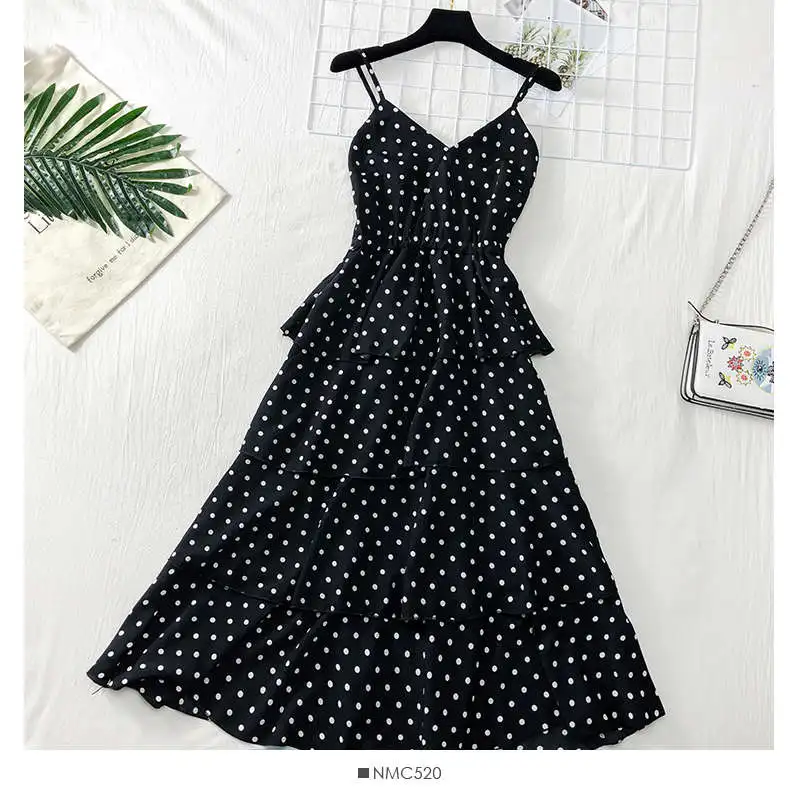 Sweet wind V-neck open back cake strap dress female 2019 new wavelet point long DW16 | Женская одежда