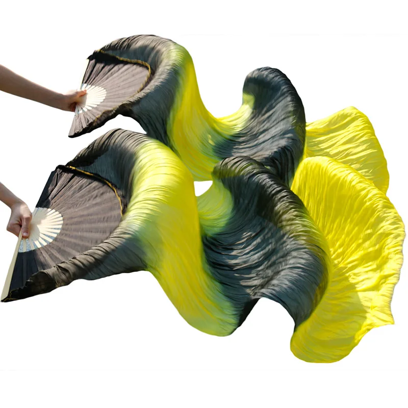 1 Pair Dance Fans Bamboo Ribs Natural Silk Stage Performance Props Dye Women Belly Fan black+yellow+black+yellow | Тематическая