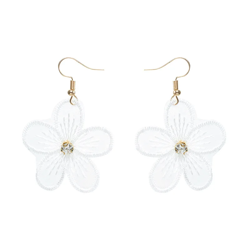New Summer Flowers White with Rhinestones Chiffon Lace Long Dangle Earrings Big Drop for Women Jewelry Fashion | Украшения и