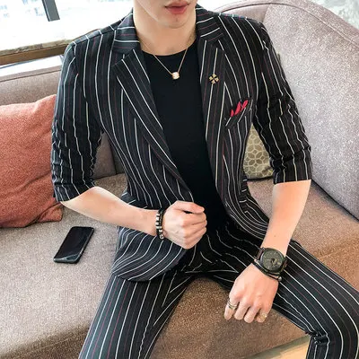 Slim Fit костюм для мужчин половина рукава белый красный в полоску черный 2 шт. Пром