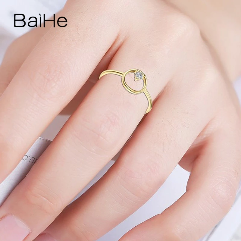 BAIHE Solid из 18 ти кратного желтого золота 0.05ct H/SI Круглый Природные Алмазы кольцо для