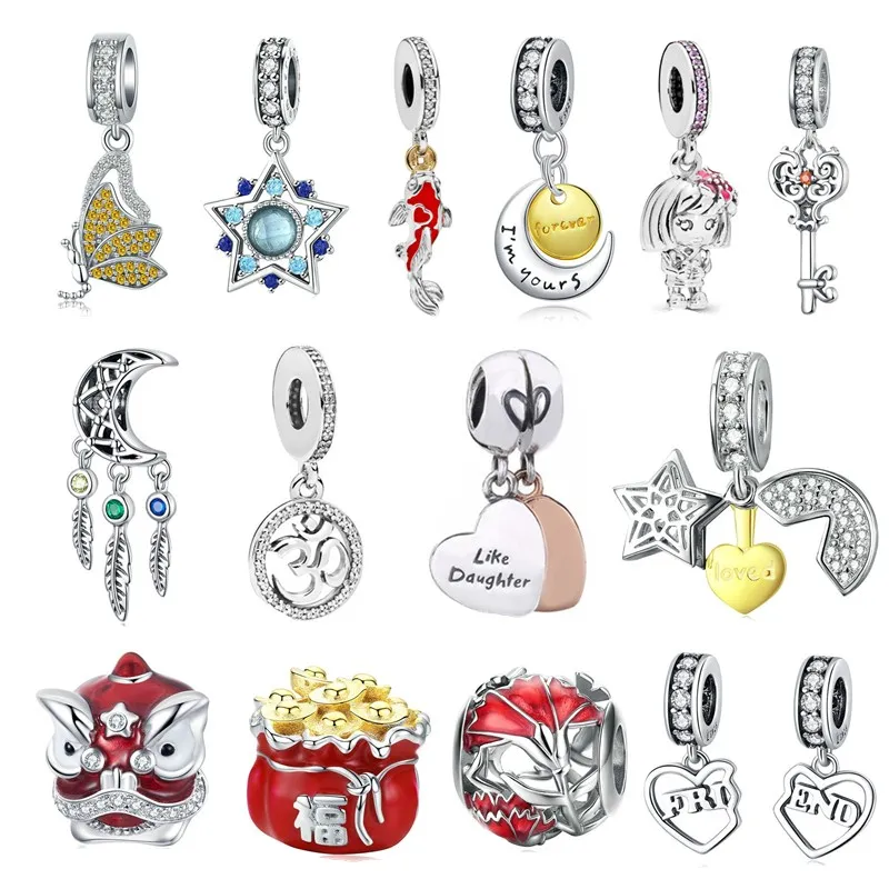 Браслет Pandora, серебро 925,, красный карп, звезда, солнце, луна, бусы, S925, сердце, ключ, девушка, Бабочка, амулеты, сделай сам, ювелирное изделие