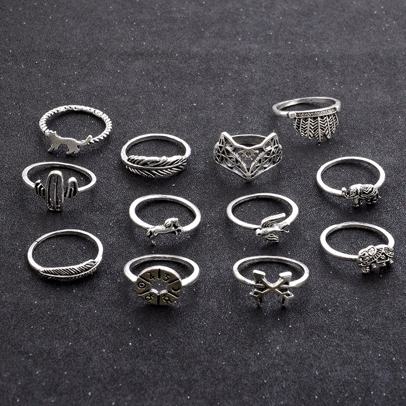 12 шт./компл. Женский комплект колец серебряного цвета в богемном ретро-стиле с