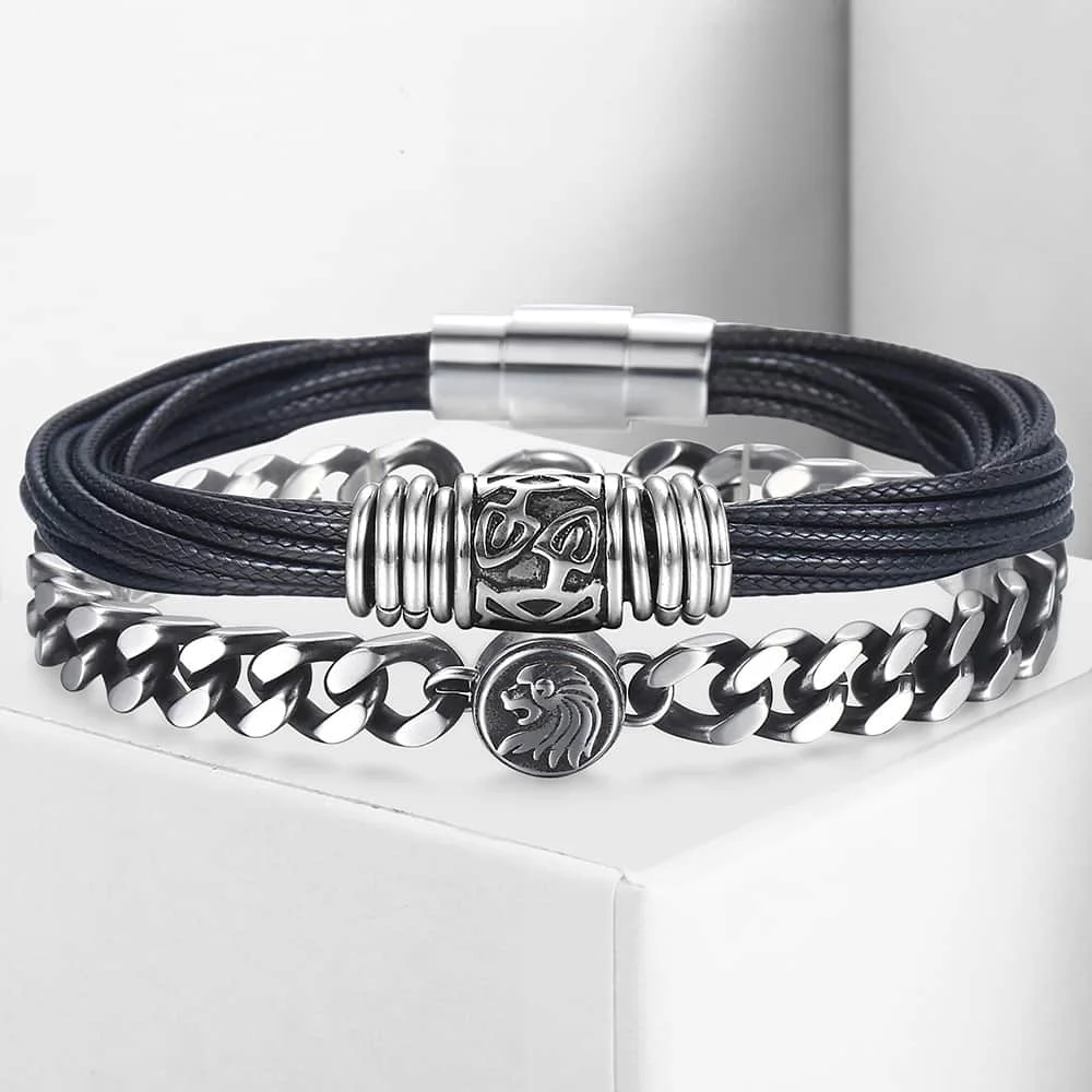 Кожаные браслеты из нержавеющей стали 2 шт./компл. мужские с двойной цепочкой LDLBF35